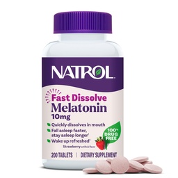 Natrol Melatonine 10mg Fast Solution Tablets - Aardbei Smaak, 200 Tel, Slaap Ondersteuning, Fast Solution Melatonine voor Volwassenen, 200-Day Supply