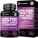 Lions Mane 3000mg, Turquie Tail 3000mg, Reshi 1000mg, Cordycps 10o0mg, Chaga 1000mg, Maitake Meshima Poria Cocos Shiitake Oyster Porcini Enoki avec supplément de champignons, 60 Capsules