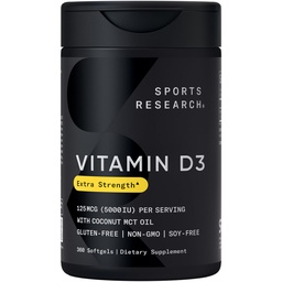 Sportonderzoek® Vitamine D3 w/Coconut MCT Oil - High Potency Vitamine D3 5000iu (125mcg) Supplement voor Immune & Bone Support - Zaadolievrij - Non-GMO - Glutenvrij (360 Liquid Softgels)