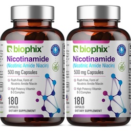 biophix B-3 Nicotinamide 500 mg 180 Caps 2 Pack - Nicotinic Amide Niacin Natural Flush-Free Vitamine Formula - Ondersteunt huidcelgezondheid