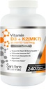 Vitamine D3 10 000 UI K2/MK7 100 mcg. Supplément de puissance élevée 8 mois d'approvisionnement. Non-OGM pour le soutien osseux, cardiaque et immunitaire.