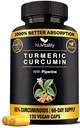 Curcumine curcumine avec extrait de poivre noir (pipérine) - 120 capsules de tumérium Veggie - Curcuminoïdes standardisés Premium 95% - Haute absorption et puissance - Supplément de soutien