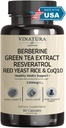 VINATURA Berberine HCL & Ceylon Cinnamon - Red Yeast Rice & CoQ10 1300mg per portie *USA Made & Tested* Healthy Levels with Green Tea Extract, Resveratrol, Magnesium, Glycinate, Chromium Picolinaat