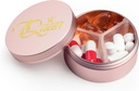 Petit cas de pilule 3 compartiments, boîte à pilules portable ronde en métal, organisateur de pilules de voyage imperméables, porte-vitamines de poche porte-monnaie EDC (Rose Gold with Queen)
