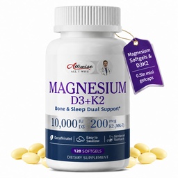 Magnesium Glycinate 400 mg Softgels, klein, gladde capsules, zacht op de maag, met vitamine D3 & K2 voor slaap,Relax,Muscle,Bone Health
