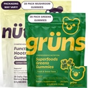 Gruns Superfood Green + New Nütrops Gummy Bundle, Organic Nutritional Supplement 2 x 28 Pack: Multivitamine, prebiotica, adaptogens + Nootropic Mushroom Herbal Supplement to Support Mood, Focus, Gut