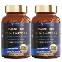 Magnesium Complex 700mg 12 in 1 Magnesium Supplement met Glycinate Citrate Malate Oxide Taurate Aspartate Orotate Magnesium Ontspanning, Muscle, Heart Support, Vegan 120 Capsules 2PK