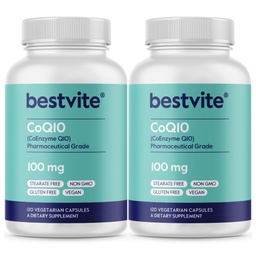 BESTVITE Coenzyme CoQ10 100mg (240 Vegetarische Capsules) (2-pack) Natuurlijk gefermenteerd - Nee Stearates - Geen Fillers - Veganistisch - Niet GGO - Glutenvrij