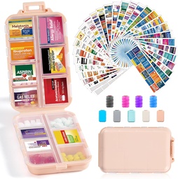 14 Grids Travel Pill Organizer Box met 415-Pcs Medicine Naam Labels - Pocket Daily Pharmacy Case Container Kit - Reizen Medicatiehouder Dispenser voor Visolie Vitamine Supplement Opslag - Roze