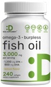 SUPPLÉMENT DE DÉAL Omega 3 Suppléments à l'huile de poisson, 3 000mg par portion, 240 Softgels – EPA 1 200mg + DHA 900mg – pilules sans Burpless, aromatisées au citron, prises sauvages – soutien du cerveau et du cœur – sans mercure, sans OGM