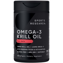 Sportonderzoek Krill Oil Supplement met EPA & DHA Omega 3, Fosfolipiden & Astaxanthine uit Antarctische Krill - Hoogste concentratie van Krill Oil voor mannen en vrouwen - 500mg, 120 Softgel Capsules