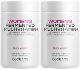 Codeage Vrouwen Dagelijkse Multivitamine, 25+ Vitaminen & Mineralen, Gefermenteerd, Biologische Geheel Voedigsmiddel, Probiotica Supplement - Vitamine A, B, C, D, E & K, Omega 3, Zink - 2 Pack