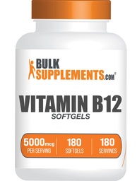 BulkSupplements.com Vitamine B12 5000 mcg Softgels - Cyanocobalamine, Vitamine B Supplementen, B12 Vitaminen Pillen - Glutenvrij, 1 Vitamine B12 Softgel per Serving, 180-Day Supply, 180 Softgels