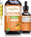 Biologische vitamine D3 + K2 druppels: 5000 IE Plant-based D3 & 200mcg K2 vloeibare supplementen Snelle absorptie voor Immune Support, Bone Health & Heart Care, Vegan, Non-GMO (30ml)