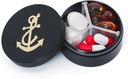 Kleine pil Case 3 Compartments, metalen ronde draagbare pil Box, waterdichte reis pil Organizer, Pocket Purse Medicine Vitamine houder EDC Container (zwart met anker)