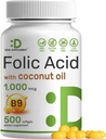 DEAL ›› Foliumzuur 1000 mcg (1 mg), 500 Kokosolie Softgels Biobeschikbaarheid Prenatale vitamines (Vitamine B9) 