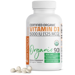 Bronson Vitamine D3 5000 IE Certified Organic Vitamin D Supplement, Non-GMO, USDA Certified, 90 Tablets