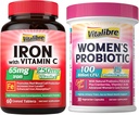 Supplément de fer, 65 mg de fer carbonyle avec 250 mg de vitamine C + Vitalibre Probiotiques pour femmes 100 milliards CFU, 15 souches, w/prébiotique, canneberge, vitamine B6 et VC