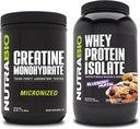 NutraBio Creatine Monohydraat, Unflavored, 500g en Wei Proteïne Isolaat, Blueberry Muffin, Supplement Bundle - Spierenergie, Lean Spiergroei, Herstel, en kracht