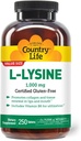 Country Life L-Lysine 1000mg avec B-6, soutient la santé immunitaire, favorise le renouvellement du collagène dans les lèvres et la bouche, 250-Count, certifié sans gluten, certifié végétalien