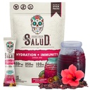 Salud 2-en-1 Packs d'hydratation + Immunity Electrolytes Poudre, Hibiscus - Jamaica Agua Fresca Mélange de boisson, Elderberry, Sans produits laitiers et sans soja, Non-OGM, Sans gluten, Vegan, Faible calories, 1g de sucre (15 portions)