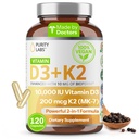 Purity Labs Vitamine D3 K2 10000 UI, (250mcg) D3 + 200mcg K2 MK7 - Supplément de soutien immunitaire amélioré avec Bioperine - Suppléments pour la défense quotidienne, os, muscles et santé de la peau - 120 Capsules