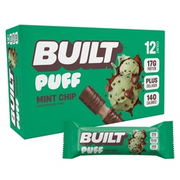 Built Bar, Puff Protein Bars, Mint Chip Puff, 17g Proteine Snacks, On-The-Go Bars, Slechts 140 Calorieën, 6g Suiker, Collageen, Glutenvrij, 12 Tellen